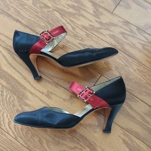 Vintage Salvatore Ferragamo Black Satin Heels w/ Rhinestone Buckle